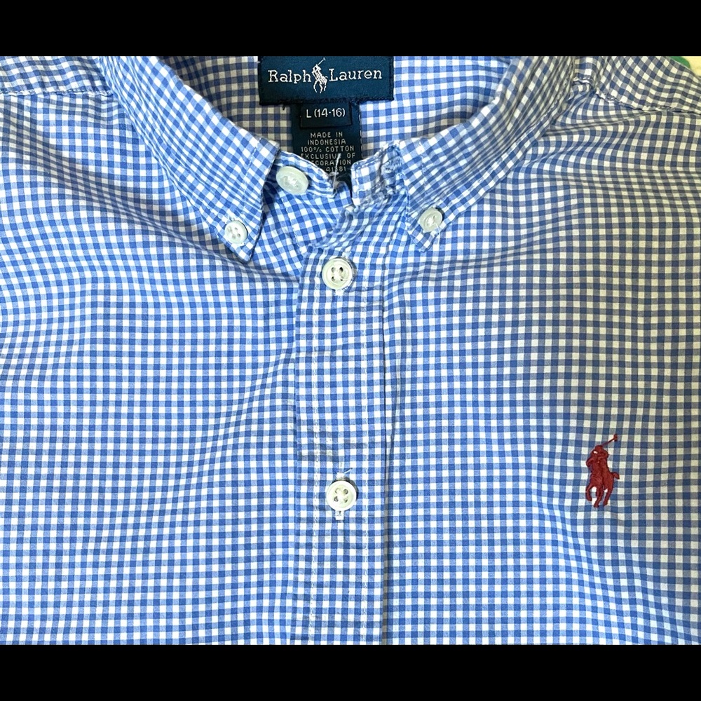 Ralph Lauren Blue and White Checkered Kids Button Down Shirt